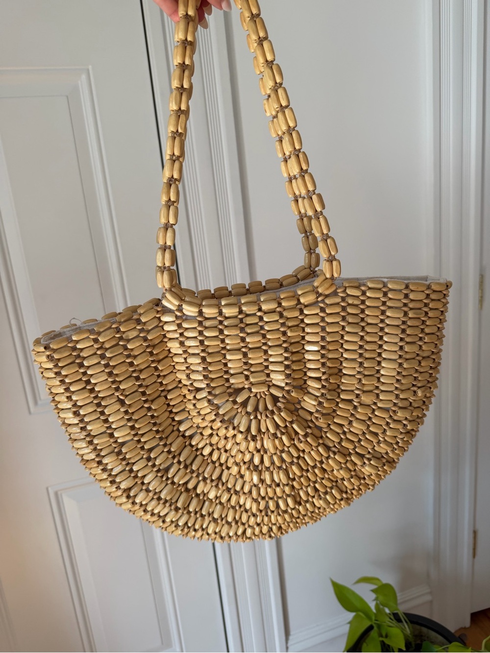 Beige Woven Semi-Circle Wood Tote Bag - Women - Picture 3 of 5